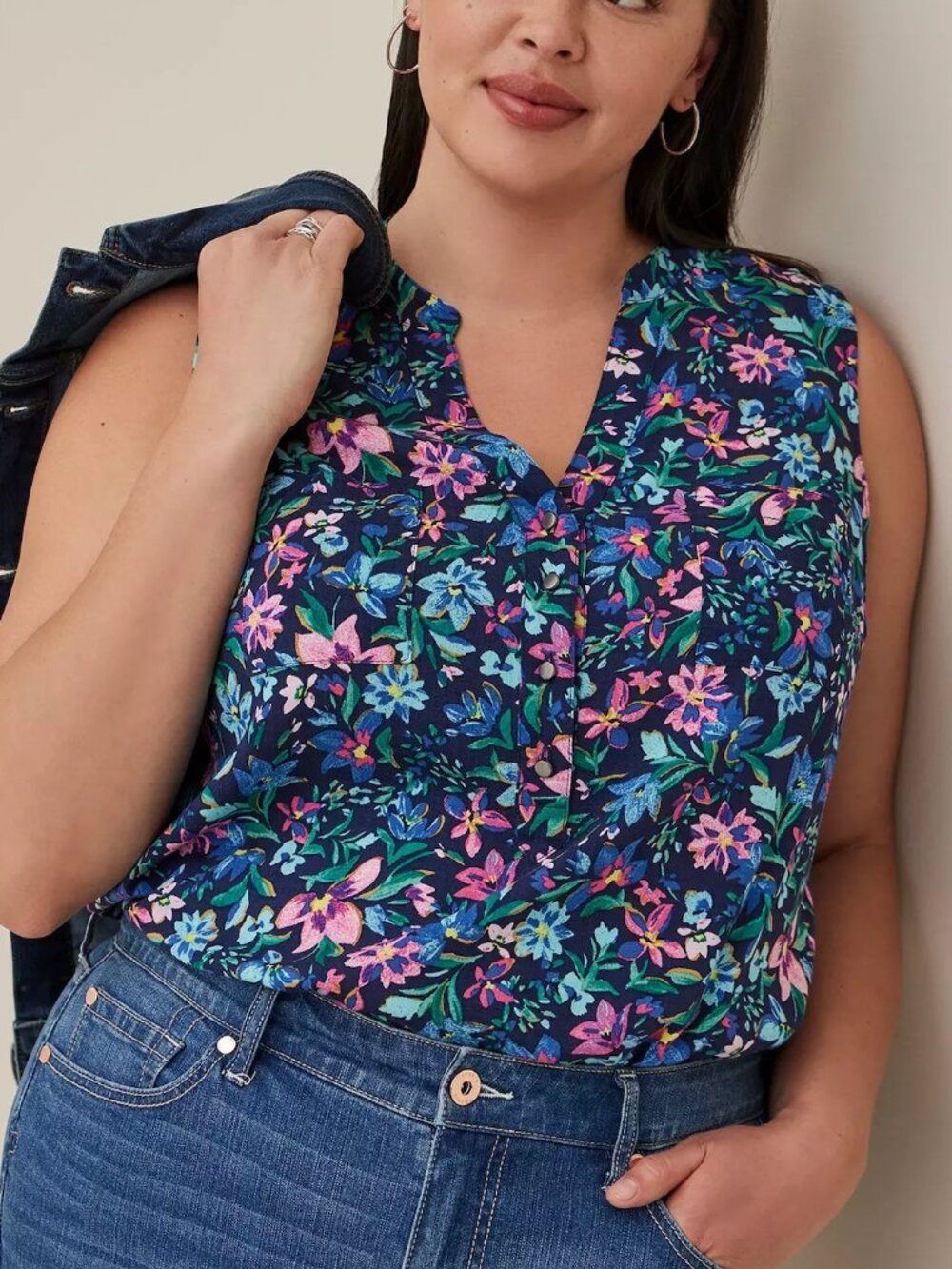 TORRID 2 Plus Size Harper Rayon Slub Pullover Sleeveless Top Navy Blue Floral 2X